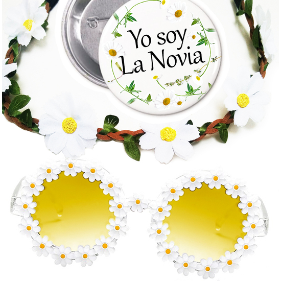 KIT FLOWER POWER GAFAS CORONA MARGARITAS CHAPA YO SOY LA NOVIA