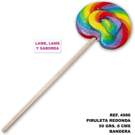 PIRULETA REDONDA 50 GR. Y 8 CMCON LA BANDERA LGBT (LAME, LAME Y SABOREA)