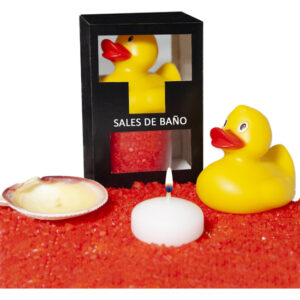 SET DE SALES DE BAÑO FRUTOS ROJOS 150 GR. CON PATO BAÑERA, VELA AROMATICA Y CONCHA