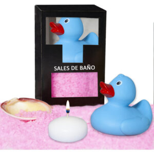 SET DE SALES DE BAÑO ROSAS 150 GR. CON PATO BAÑERA, VELA AROMATICA Y CONCHA