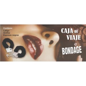 CAJA DE VIAJE DE BONDAGE ESPOSAS NEGRAS + LATIGO + ANTIFAZ